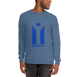 Boricua Puerto Rico Grunge Flag in Blue Mens Long Sleeve Shirt