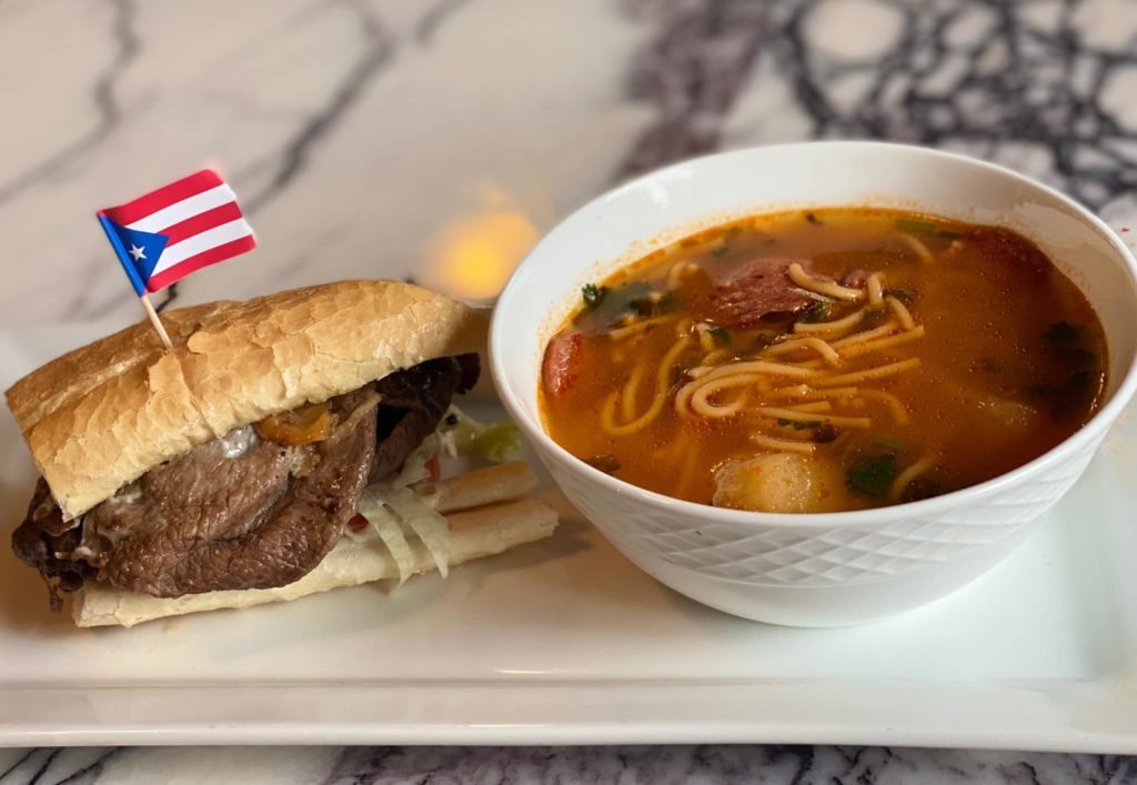 Steak Sandwich with Sopa de Salchicon con Fideos