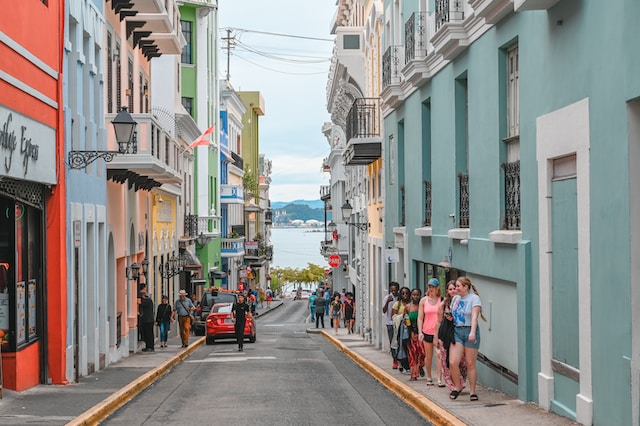 Colorful buildings and lively streets of the capital of Puerto Rico
